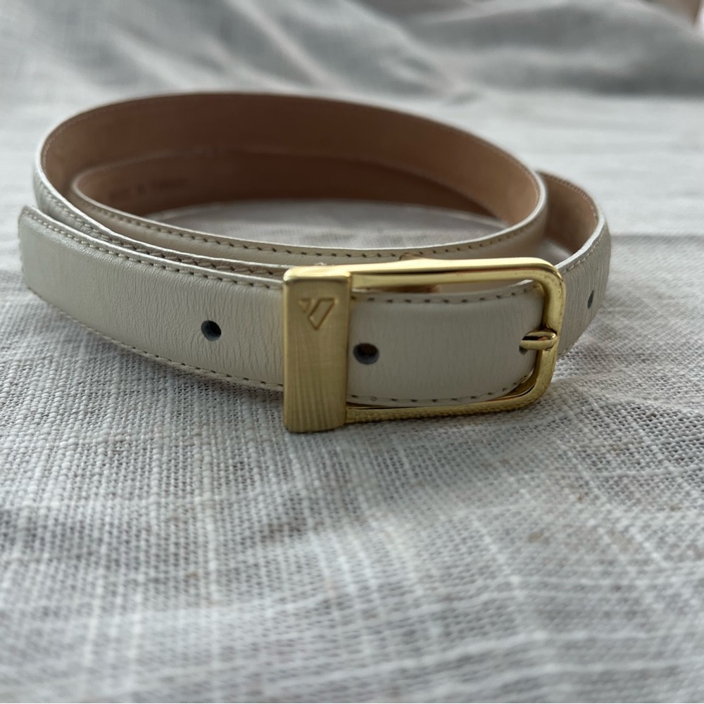 Liz Claiborne White Leather Belt with Brass Buckle